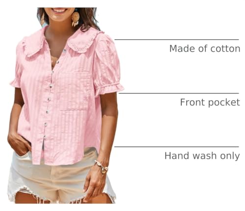 Image of Tankaneo Womens Puff Sleeve Shirts Peter Pan Collar Button Down Cotton Blouse Casual Summer Textured Tops