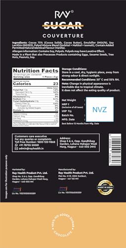 Image of RAY No Added Sugar 72% Couverture Chocolate 100g | Premium Dark Chocolate Bar | Sweetened with Stevia | Rich Cocoa Gourmet | Healthy Bar for Gifting & Snacking