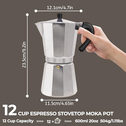 Image of Aluminum 12 Cup 600ml Moka Pot Express Coffee Maker Stovetop Espresso Percolator Coffeemaker Italian Classic Style Brewing Greca Cafe Mocha Machine for Cafeteras Lover Camping Travel and Home Use 20oz