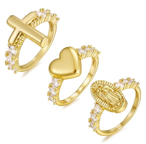 BOMAIL 3Pcs 14K Gold Plated Cross Ring for Women Non Tarnish Gold Chunky Rings Set Stackable Cubic Zirconia Cross Ring Eternity Promise Ring for Her Wedding Band Ring Jewelry Size 6-11