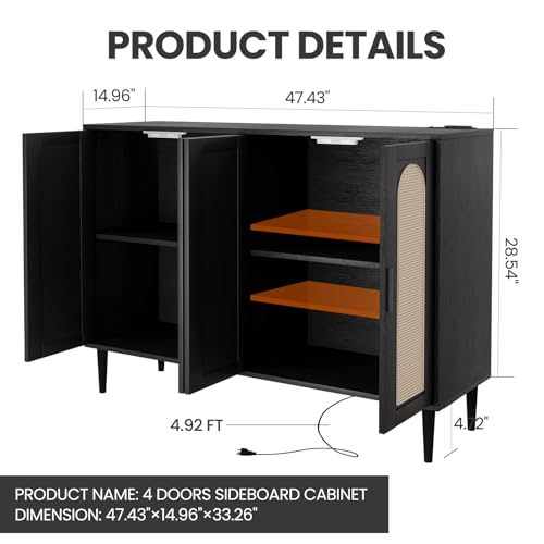 Rattan Buffet Cabinet with Storage,Sideboard Cabinet with 4 Doors and Adjustable Shelves, Console Coffee Bar with Charging Station, Boho Wood Cupboard for Kitchen, Livingroom and Dining Room,Entryway