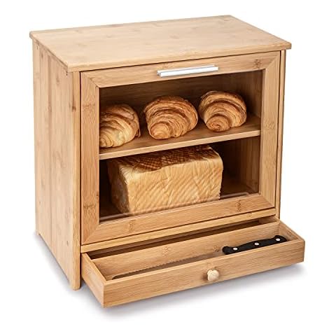 Merysen Bamboo Bread Bins, 2 Layer Bread Storage Container Box with Front Drop Lid and Transparent Window, Self Assembly Bread Tin for Kitchen Cover