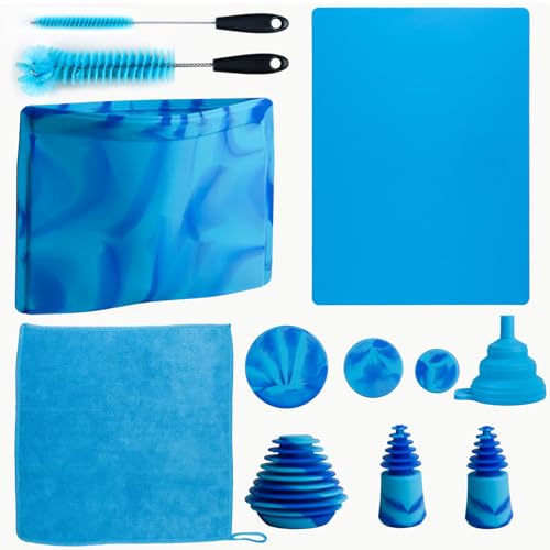 Yicyio Glass Cleaning Kit with Reusable Silicone Accessories-Complete Set of Cleaning & Storage Tools for Easy Glassware Care, Reusable Microfiber Towel & Soaker Bag, Brushes, Mat, Caps Funnel & Plugs