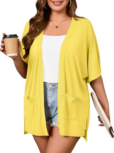 Image of AusLook Plus Size Cardigan for Women Short Sleeve Lightweight Open Front Shrug with Pockets for Dresses and Layering 1X-5X