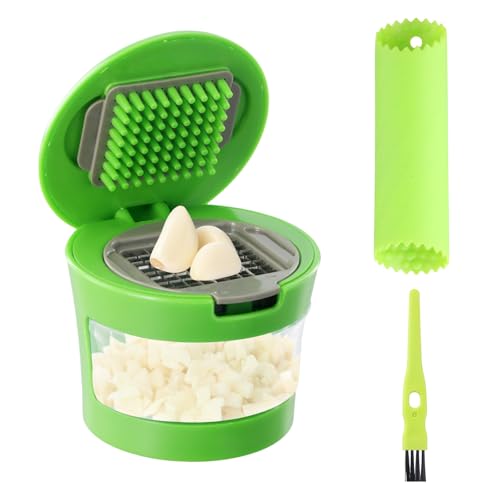 Garlic Press Crusher, Garlic Chopper, Garlic Cutter with Silicone Garlic Peeler, Cleaning Brush and Stainless Steel Blades, Garlic Press for Crushed Garlic, Ginger and Fruit, Green