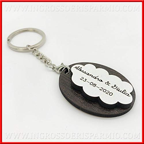 Ingrosso & SparMio 20 Schlüsselanhänger mit ovalem Anhänger aus Holz und weißer Wolke mit gravierten Namen, Gastgeschenke, Geburt, Taufe, Hochzeit (mit Personalisierung)