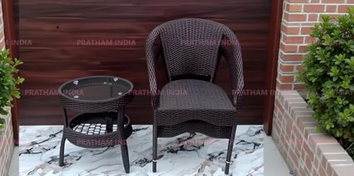 Image of India Garden Patio Seating Chair and Table Set Outdoor Balcony Garden Coffee Table Set Furniture with Table and Chairs Set (Brown with Tripod Table 2+1)