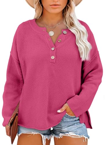 Image of Eytino Womens Plus Size Sweaters Casual Long Sleeve Loose V Neck Button Henley Tops Pullover Knit Jumpers,(1X-5X)