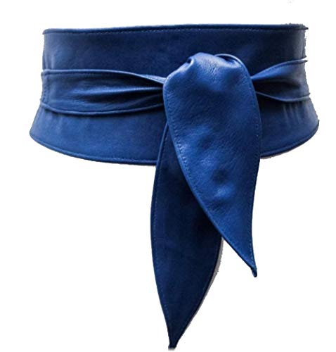 Woman's Genuine Royal Blue Leather Obi Sash Wrap Tie Plus Size Corset Waist Cincher Wide biker Leather Belt