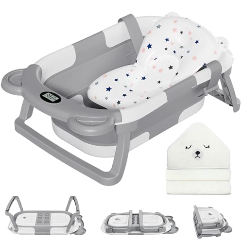 Image of MoreFeel Collapsible Baby Bathtub for Newborn with Thermometer & 1 Hooded Towel & 1 Soft Floating Cushion,Portable Travel Bathtub with Drain Hole, Durable Foldable Baby Tubs for Infants to Toddler