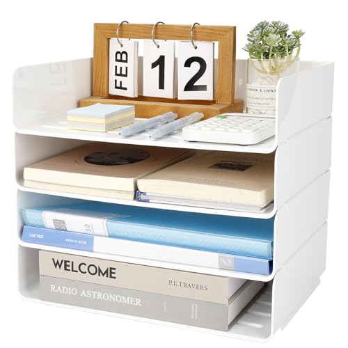 Otauoaea 4 Bandejas Oficina Apilables, Blanca Plastico Pet Bandeja Escritorio, Bandeja Portadocumentos A4, Desk Organizer, Organizador para Papeles, Documentos, Folios, Material Oficina