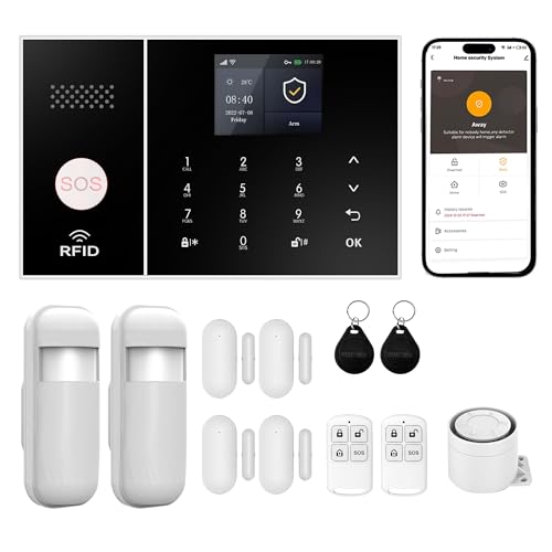 XUK Système d’Alarme sans Fil 4G/GSM/WiFi pour Maison/Appartement,Alarme Sécurité Intelligente avec Capteurs Porte/Fenêtre, Détecteur Mouvement PIR, Compatible...