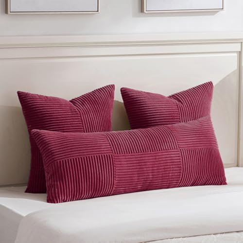 Image of Fancy Homi Set of 2 Burgundy Boho Long Lumbar Body Decorative Throw Pillow Cover 14x36 Inch for Bed Couch Bedroom Bench, Soft Patchwork Corduroy Textured Pillow Case, Rustic Farmhouse Room Decor