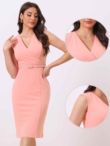 Image of Allegra K Business Dress for Women's Pencil Sheath Work Dress | V Neck Knee-Length Sleeveless Dress With Belted