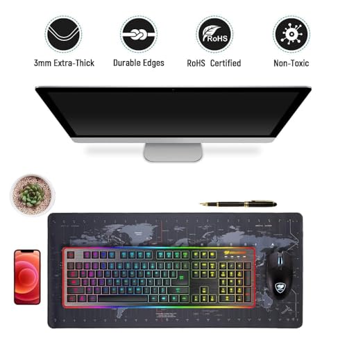 Image of World Map Extra Large Gaming Mouse Pad & Keyboard Desk Mat - 700x300mm, Anti-Slip Rubber Extended Mat for Computer, Laptop & PC