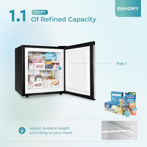 EUHOMY Mini Freezer Countertop,1.1 Cubic Feet, Single DoorCompact Upright Freezer with Reversible Stainless Steel Door, Removable Shelves, Small freezer for Home/Dorms/Apartment/Office(Silver)