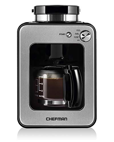 Chefman Grind and Brew 4-Cup Compact Countertop Coffee Maker and Grinder for Beans or Grounds, Stainless Steel