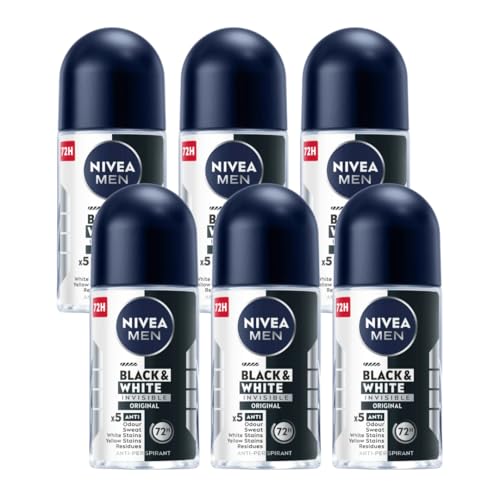 NIVEA Men Roll-On Deodorant Invisible Black & White Original, 72H Anti-Perspirant Protection, Fights Sweat & Body Odor, No White or Yellow Marks on Clothes, Long-Lasting Freshness, 25ml, Pack of 6