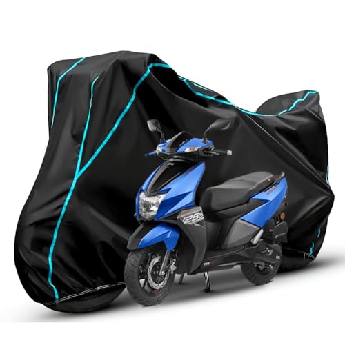 Image of Waterproof Bike Body Cover Compatible with Tvs Ntroq Dustproof Scratchproof - Motorcycle Cover for Two Wheeler, Outdoor Full Cover with UV, Duty, Rain Protection (Black & Aqua) R1