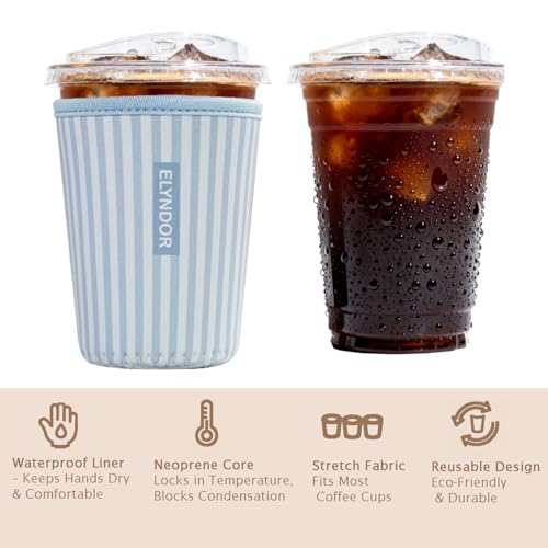 Image of Reusable Insulated Sleeve for Iced Coffee Cup, 3-Pack Coffee Neoprene Drink Sleeve for Cold & Hot Drinks, Beverage Holder for Iced Coffee (Blue Stripes)