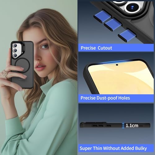 Image of DIZORO Polycarbonate Samsung Galaxy S24 FE Case Compatible with Mag Safe & Wireless Charging,with Camera Stand,Military Grade Drop Tested,Translucent Hard Back Soft Edge Back Cover(Camera Stand Black)