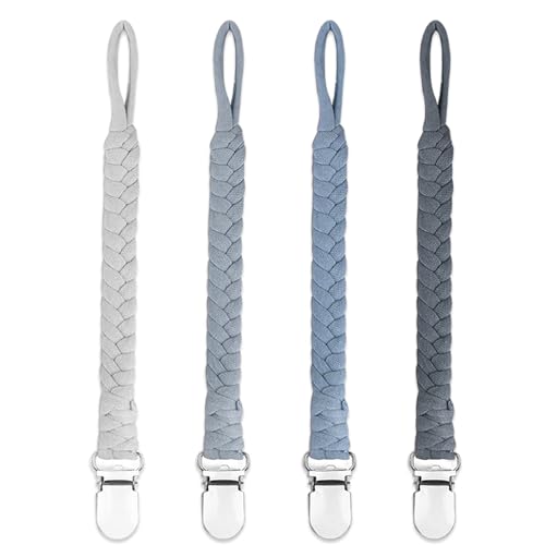 Image of duludulu 4 Pcs Pacifier Clip, Pacifier Clips for Boys & Baby Girls Pacifier Holder Clip Binky Clips Braided 100% Handmade Fits All Pacifiers(Grey, 4 Pack)