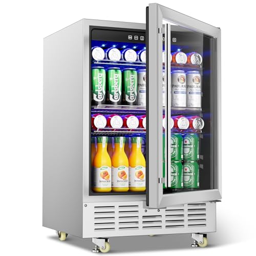 Image of Mojgar 24 inch Beverage Refrigerator - 180 Cans Outdoor Beverage Fridge with Glass Door & Safety Lock for Beer, Wine, Soda, Under Counter Fridge with Locking Casters, Full Stainless Steel