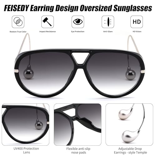 FEISEDY Oversized Aviator Sunglasses With Earring Design for Women Large Big Frame Luxury Designer Shades for Ladies B02963