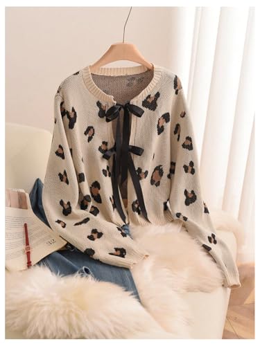 MakeMeChic Women's Plus Size Leopard Print Bow Tie Front Cardigan Crew Neck Long Sleeve Cardigan Sweater Knitwear3