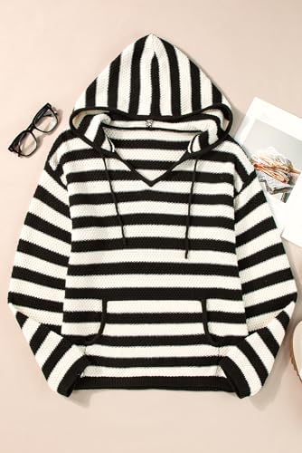 Women's White Stripe V Neck Pocketed Drawstring Hooded Sweater - Cozy Casual Style4