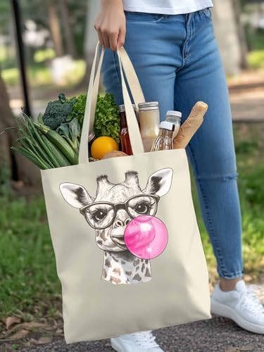 Canvas Tote Bag Giraffe Blow Bubbles Reusable Grocery Shopping Bag,Shoulder Tote Bags for Women Vacation Travel Work Gym4
