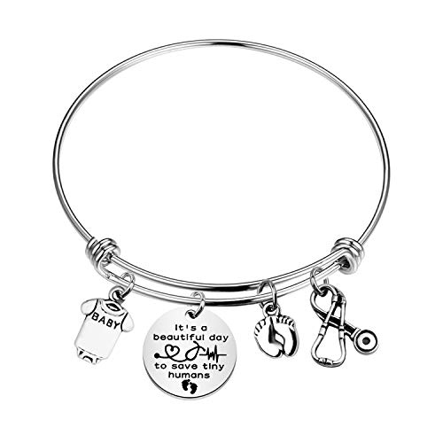 CHOORO NICU Nurse Bangle Bracelet Gifts Midwife Jewelry Baby Footprints Stethoscope Bracelet NICU Nurse Jewelry Pediatric Nurse Gift (tiny humans bracelet)