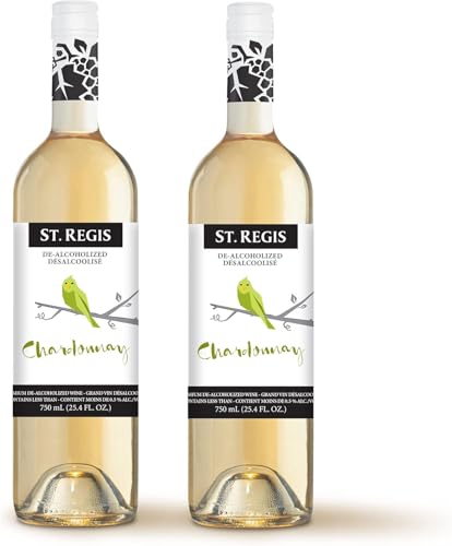 St. Regis Chardonnay sans alcool | Lot de 2 (2 x 750 ml) de vin sans alcool | Vin sans alcool à faible teneur en glucides et faible teneur en sucre | Boisson désalcoolisée