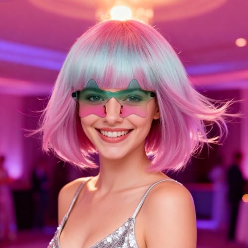 Image of ANOGOL Hair Cap + (Sunglasses) Teal Pink Gradient Bob Wig with Bangs Womens Party Wigs with Star-Shaped Glasses Short Neon Wig Daily Party Fun Wigs Women Halloween Costume Bachelorette Hair