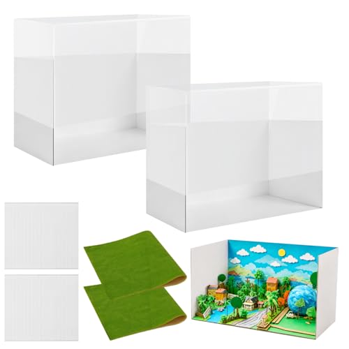 Cardboard Diorama Kit 13.8 x 8.7 x 8.3 Inches Diorama Box for Display with Transparent Case Double-Sided Tape & Fake Grass Ideal for DIY Crafts Construction Project