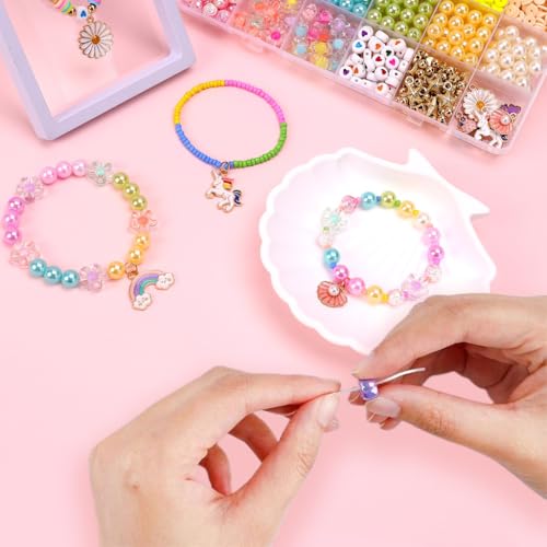 Image of SANNIDHI Seed Beads Clay Beads for Bracelet Making, Colorful Pearls Beads for Jewellery Making, DIY Polymer Beads Set Kit Girls Craft Beads for Kids Activity with Charms, Scissors & 2 Crystal Lines