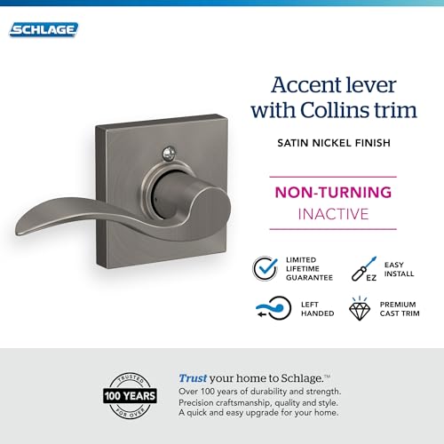 Image of SCHLAGE Accent Lever with Collins Trim Non-Turning Lock in Satin Nickel - Left Handed