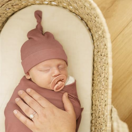 Image of GRSSDER Newborn Swaddle Blanket, Ultra Soft Jersey Receiving Blanket with Matching Headband and Beanie Set 33x44 inch, Stretchy Baby Neutral Swaddle Wrap for Girls and Boys