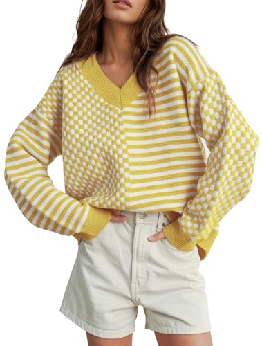 Image of UNCLECAT Womens Striped Checkered Sweater V Neck Fall Trendy Pullover Tops | Long Sleeve, Winter Clothes, Soft Jumpers, Business Casual Outfits, Cute, Fashion, Knitted Sweaters