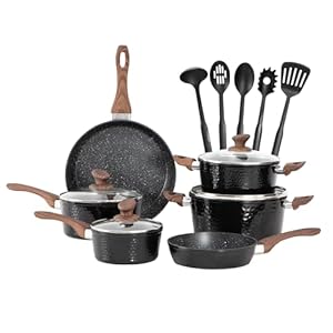 MAISON ARTS Pots and Pans Set Non Stick, 15 Pcs Non Toxic Hammered Cookware Set, Black Granite Induction Kitchen Cooking Sets