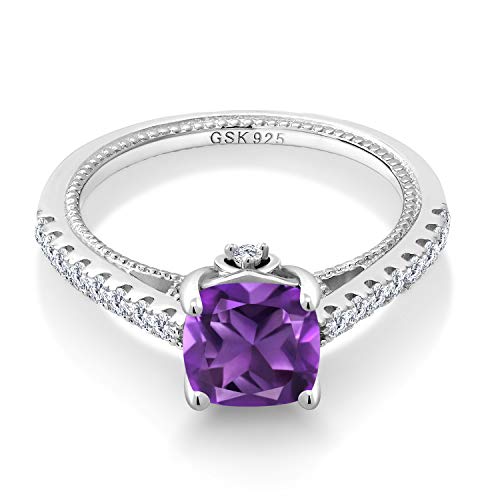 Gem Stone King 925 Sterling Silver Purple Amethyst and White Created Sapphire Women's Ring (1.70 Ct Cushion Cut, Available in size 5, 6, 7, 8, 9)