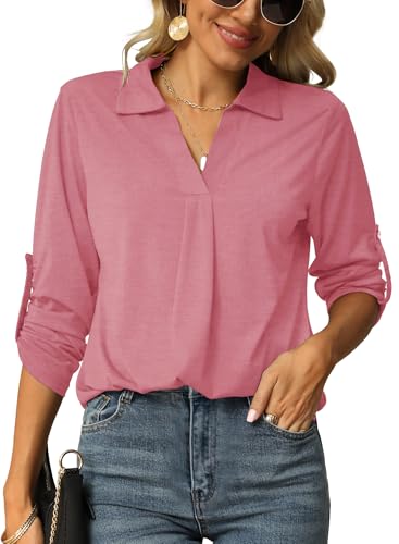 Odosalii Blouses for Women UK Elegant Long Sleeve Smart Tops V Neck Dressy Summer Wedding Pink Valentine's Day Outfits Size 16 18