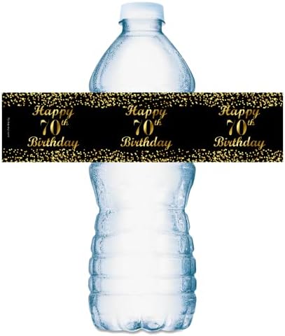 Happy 70th Birthday Black Water Bottle Labels; Set of 25 Waterproof Water Bottle Wrappers; Gold and Black Stickers. Happy Birthday Labels. Made in USA. image 5