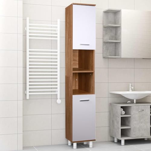 Shally Dogan Mueble de columna alto que ahorra espacio, 2 puertas, armario estrecho autoportante con 4 patas, estantería portaobjetos multiusos, salón, baño, cocina, librería, oficina (blanco + roble)