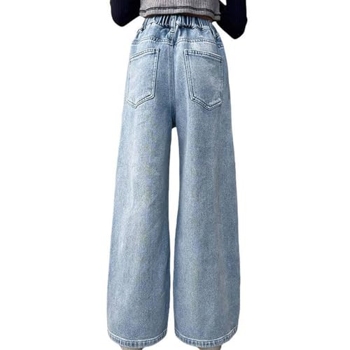 Girls Loose Jeans, Elastic Waist Loose Jeans, Printed Casual Wide Leg Loose Blue, 170cm3