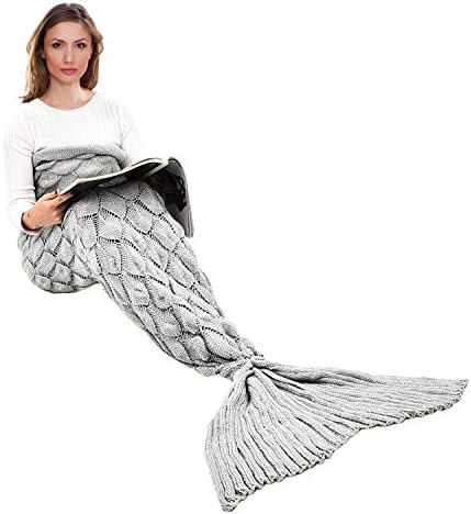 yashidali Wearable Mermaid Tail Blanket Crochet, All Seasons Warm Knitted Bed Blankets Sofa Living Room Quilt for Kids and Adults, Fish-Scales Pattern, 76.8" x 35.5" (195 x 90cm), Luxury Grey