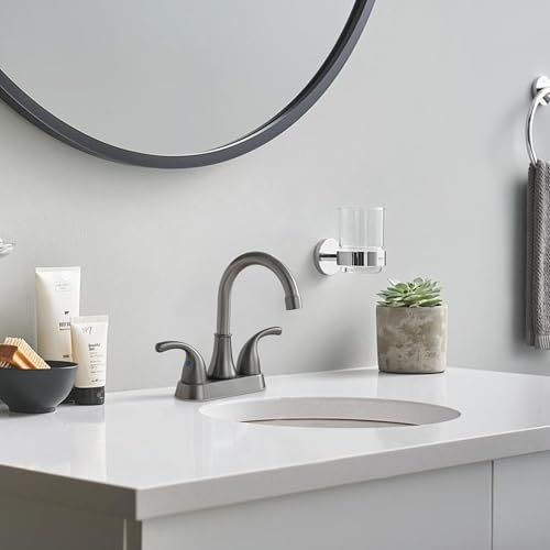 Image of Bathroom Sink Faucet FRANSITON 4 Inch 2 Handle Lead-Free Brushed Grey Bath Sink Faucet with Pop-up Drain Stopper and Supply Hoses