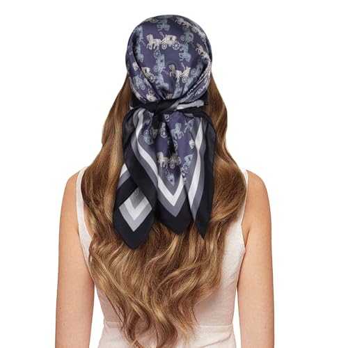 EXTREE 100% Pure Mulberry Silk Scarf Fashion Hair for Women Scarf Lightweight Square Neckerchief 27.5× 27.5 inches Gray Blue Carriage