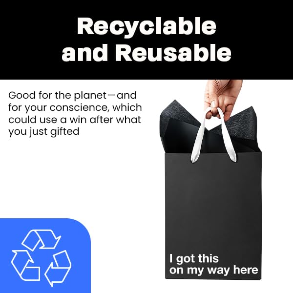 MilkToast Brands Funny Gift Bag Set of 5, 11" x 8" x 4", Bulk Pack of Black Kraft Paper Bags with Sarcastic Phrases for White Elephant Gifts, Christmas, Holidays, Office Parties, Father's Day