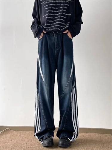 Men Striped Patchwork Dark Blue Baggy Jeans Pants Clothes Straight Hip Hop Cowboy Trousers4